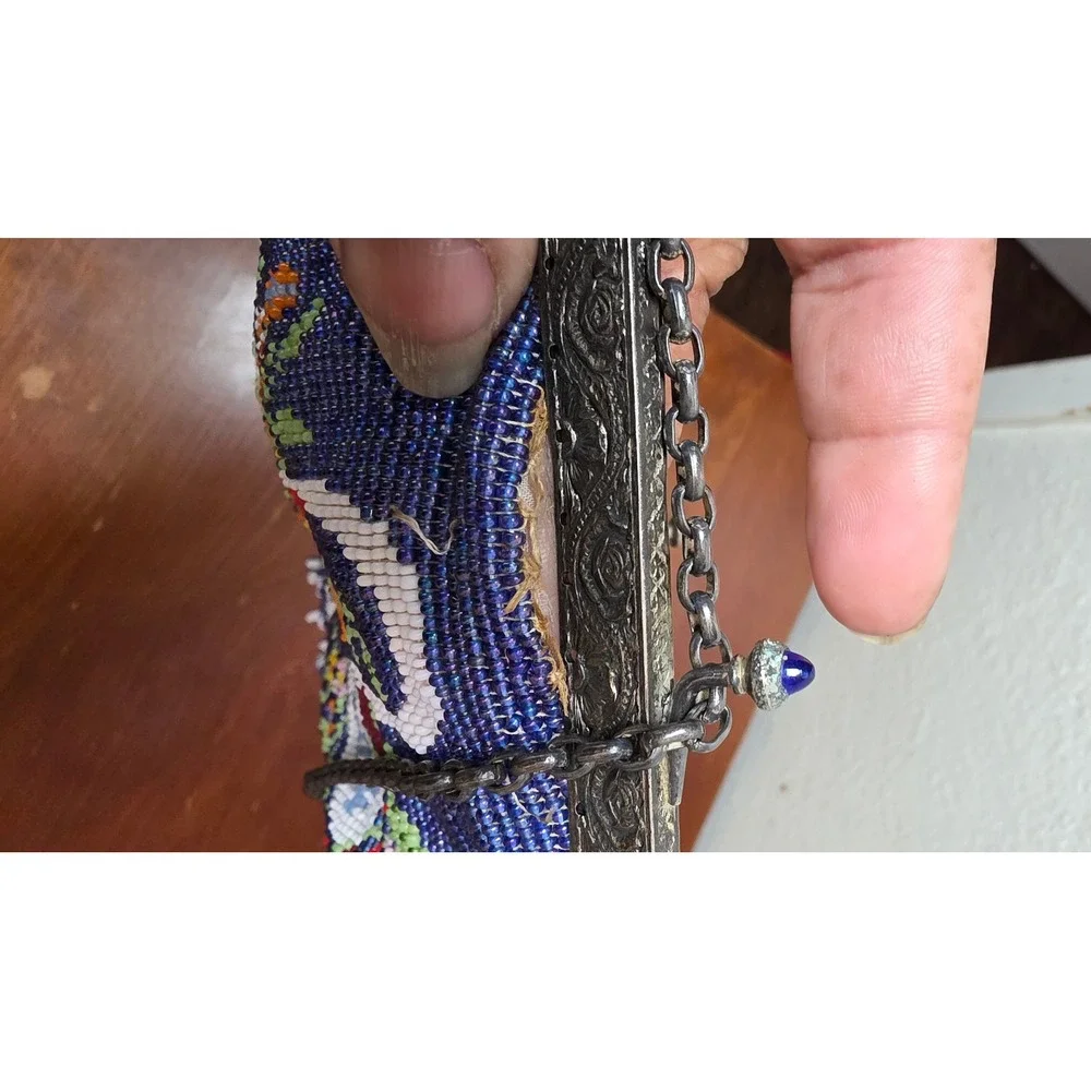 VTG Micro Beaded Floral Basket Evening Bag Blue Women Small Fringe Purse Y2k 80s